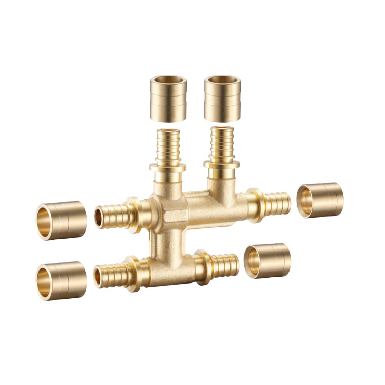 WRL6110 6 Way Tee Union Plumbing Crimp Tube Sleeve Tee Brass Pex Sliding Fitting